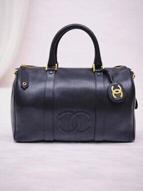 Authentic Chanel CC Boston Bag Black Caviar Leather Gold Hardware